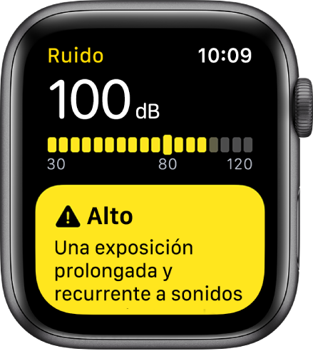 La app Ruido, con una lectura de 100 dB. Debajo aparece un aviso sobre la exposición a largo plazo a este nivel de sonido.