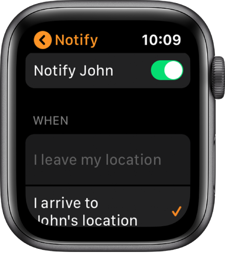 Rakenduse Find People kuva Notify, kus funktsioon Notify on lülitatud sisse ning valitud on When I arrive to John’s location.