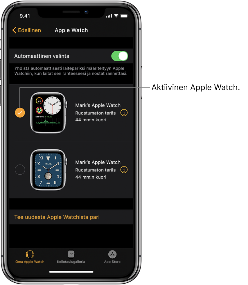 Valintamerkki osoittaa aktiivisen Apple Watchin.