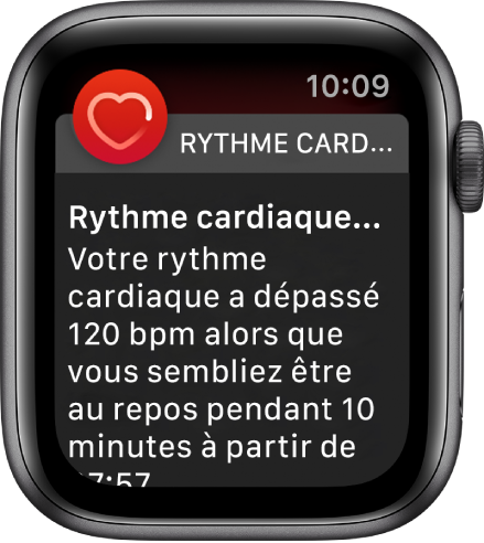 L’écran Rythme cardiaque élevé qui affiche une notification indiquant que votre rythme cardiaque a dépassé 120 bpm alors que vous étiez inactif pendant 10 minutes.