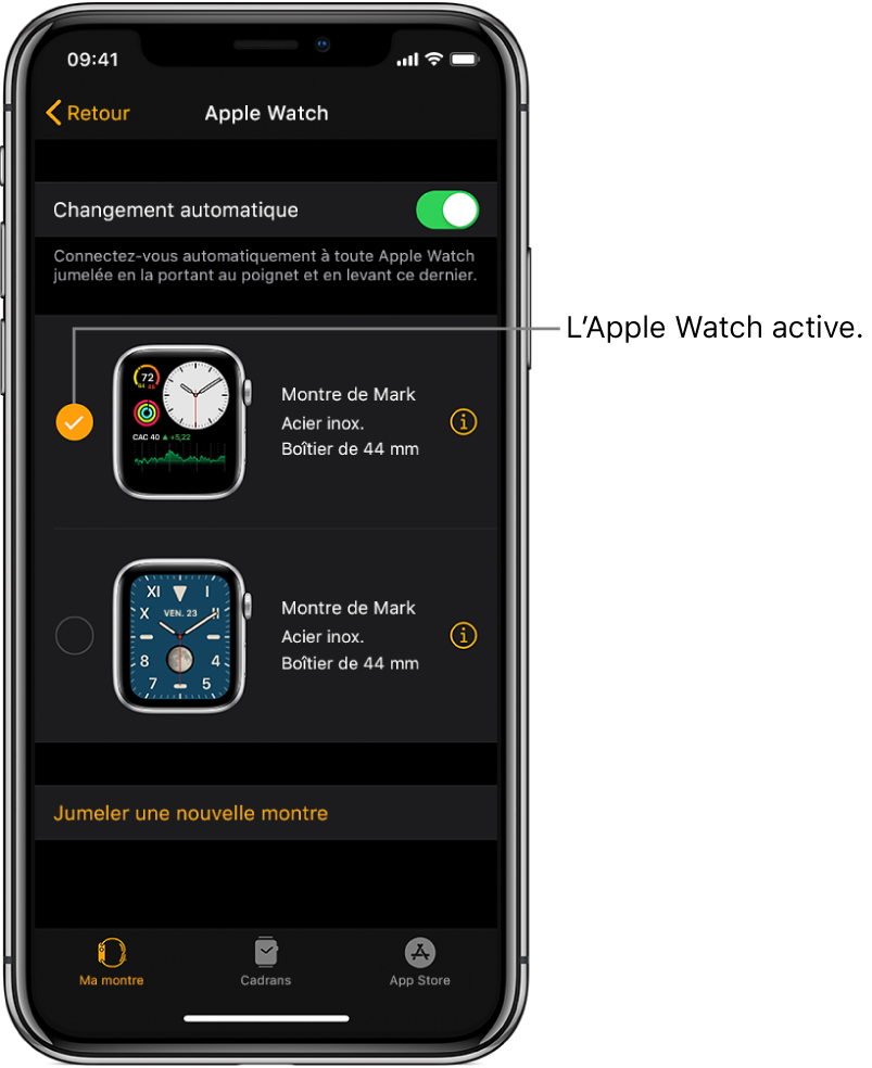 La coche indique l’Apple Watch active.