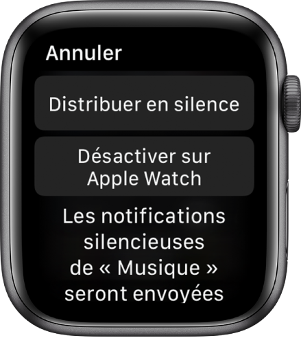 Réglages de notification sur l’Apple Watch. Le bouton supérieur affiche « Distribuer en silence » et celui en dessous : « Désactiver sur l’Apple Watch. »