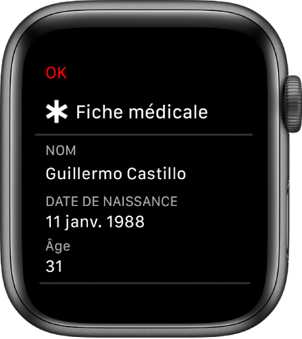 L’écran « Fiche médicale » affichant le nom de l’utilisateur, sa date de naissance et son âge.