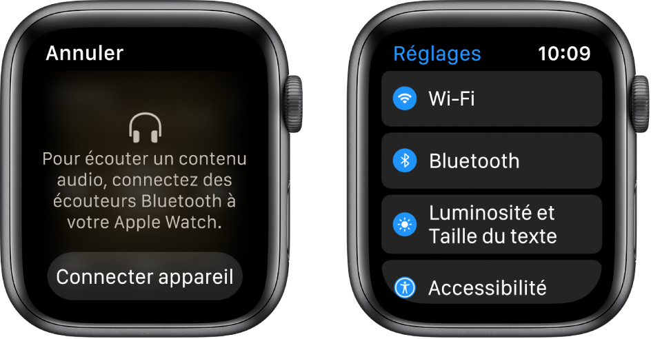 Si vous changez la source audio de votre Apple Watch avant de jumeler les écouteurs ou les haut-parleurs Bluetooth, un bouton « Connecter appareil » s’affiche en bas de l’écran. Il redirige vers les réglages Bluetooth de l’Apple Watch, où vous pouvez ajouter un appareil de sortie audio.