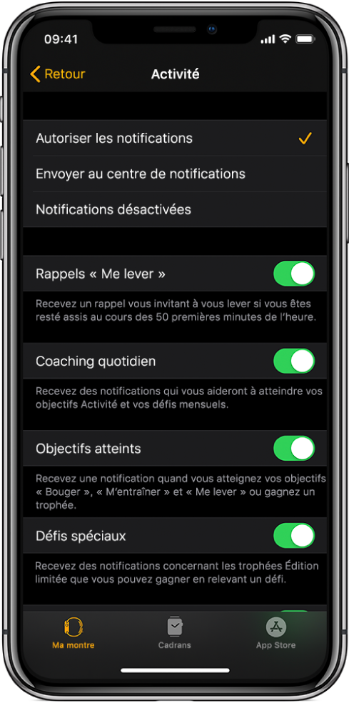 L’écran Activité de l’app Apple Watch, où vous pouvez personnaliser les notifications que vous souhaitez recevoir.