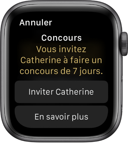 L’écran Concourir contenant les mots « Concours : Vous invitez Catherine à faire un concours de 7 jours. » Deux boutons apparaissent en dessous. Le premier affiche « Inviter Catherine » et le deuxième « En savoir plus ».