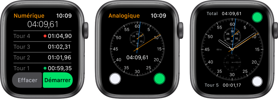 Trois écrans de montre affichant trois types de chronomètre : Un chronomètre numérique dans l’app Chronomètre, un chronomètre analogique dans l’app et les commandes de chronomètre disponibles sur le cadran Chronographe.