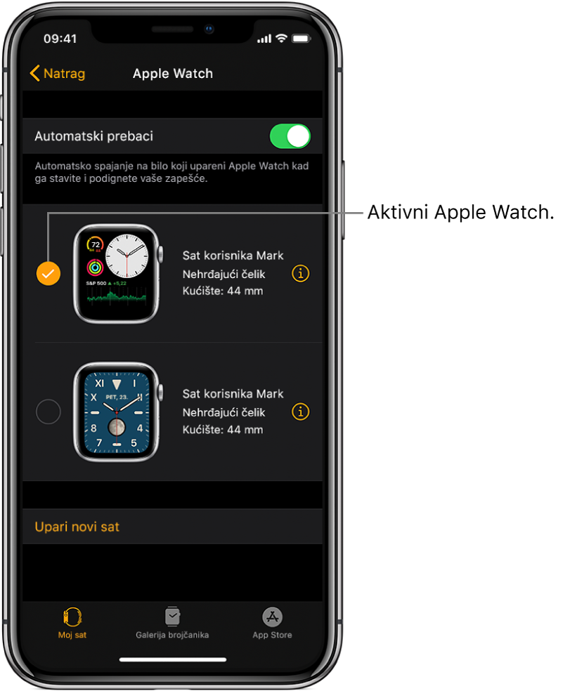 Kvačica označava aktivni Apple Watch.