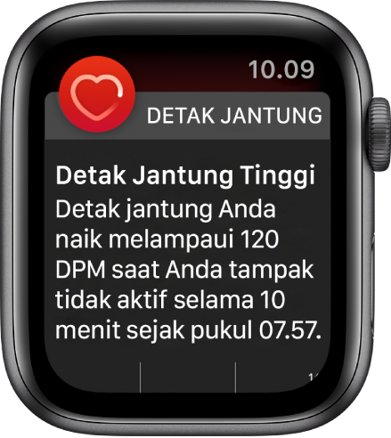 Layar Detak Jantung Tinggi menampilkan pemberitahuan bahwa detak jantung Anda naik melampaui 120 DPM saat Anda sedang tidak aktif selama 10 menit.