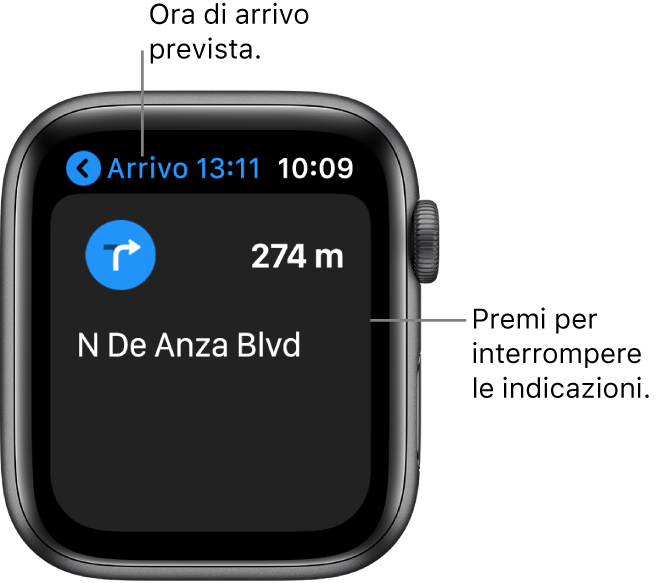L'app Mappe che mostra l'ora di arrivo stimata nell'angolo superiore sinistro, il nome della strada dove bisognerà girare e la distanza mancante prima della svolta. Una didascalia punta allo schermo con la scritta “Premi con decisione per interrompere le indicazioni”.