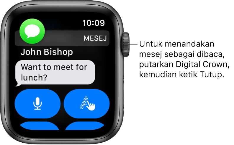 Pemberitahuan mesej, dengan ikon Mesej di penjuru kiri atas dan mesej di bawah.