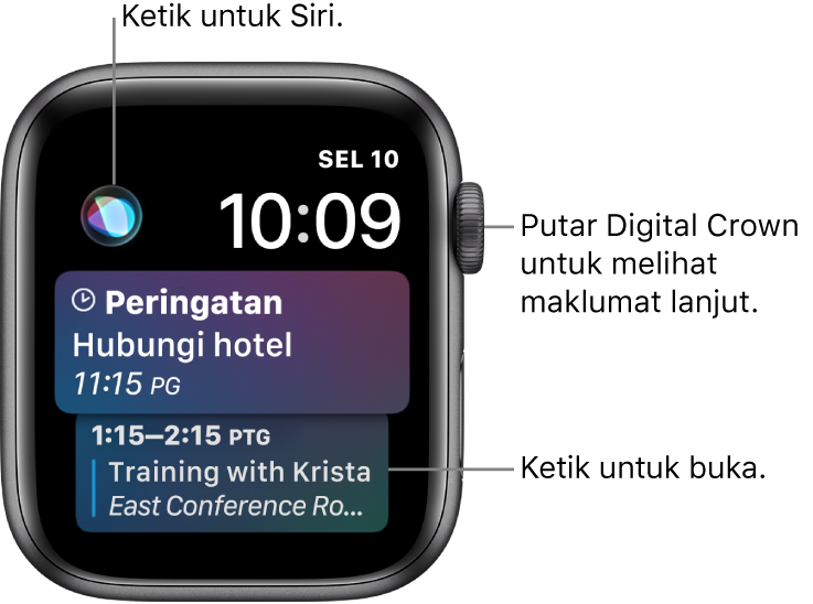 Muka jam Siri menunjukkan peringatan dan peristiwa kalendar. Butang Siri berada di bahagian kiri atas skrin. Tarikh dan masa berada di bahagian kanan atas.