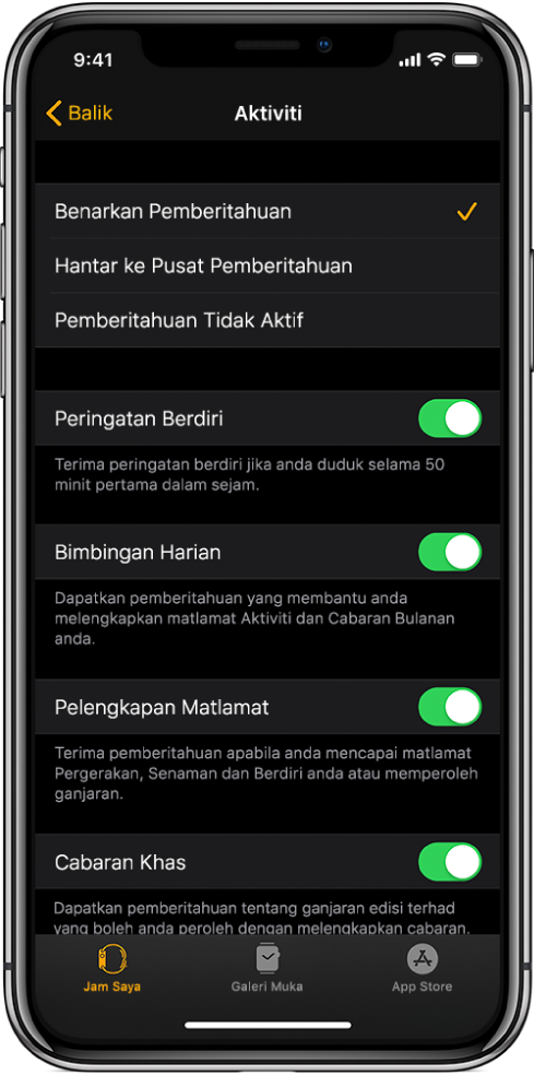Skrin Aktiviti dalam app Apple Watch, di mana anda boleh sesuaikan pemberitahuan yang anda ingin dapatkan.