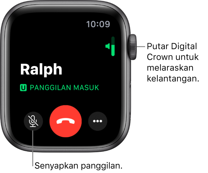 Semasa panggilan telefon masuk, skrin menunjukkan penunjuk kelantangan menegak di bahagian kanan atas, butang Senyap di bahagian kiri bawah, butang Tolak merah dan butang Pilihan Lanjut.