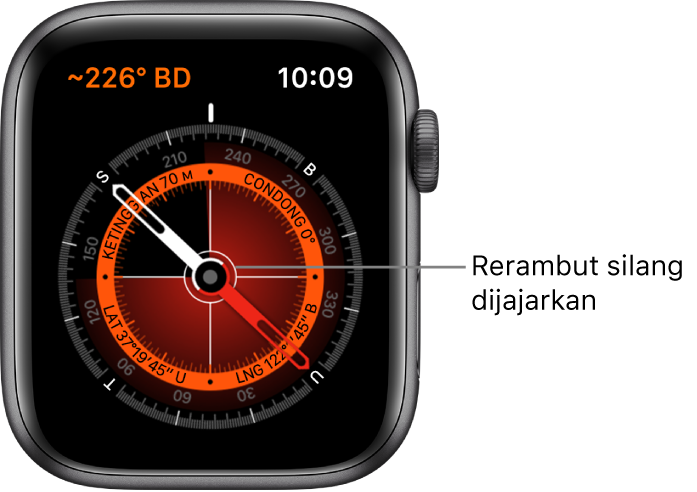Kompas ini pada muka jam Apple Watch. Di bahagian kiri atas ialah bearing. Bulatan dalaman menunjukkan ketinggian, condong, latitud dan longitud. Rerambut silang putih muncul menghala ke utara, selatan, timur dan barat.