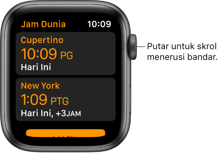App Jam Dunia dengan senarai bandar dan bar skrol.