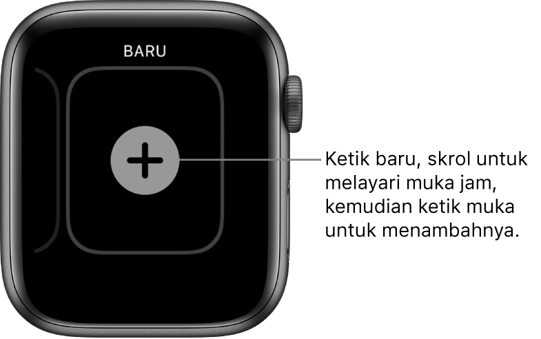 Skrin muka jam baru, dengan butang tambah di bahagian tengah. Ketik untuk tambah muka jam baru.