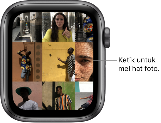 Srin utama app Foto pada Apple Watch, dengan beberapa foto dipaparkan dalam grid.