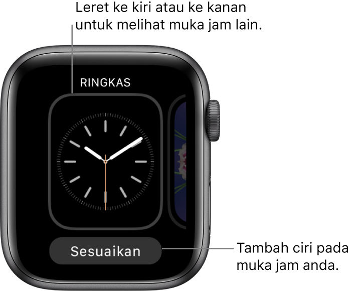 Apabila anda tekan kuat muka jam, anda melihat muka jam semasa dengan butang Sesuaikan di bahagian bawah. Leret ke kiri atau kanan untuk melihat pilihan muka jam lain. Ketik Sesuaikan untuk menambah ciri yang anda mahu.