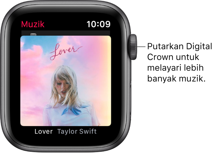 Skrin menunjukkan album dan karya seninya dalam app Muzik.