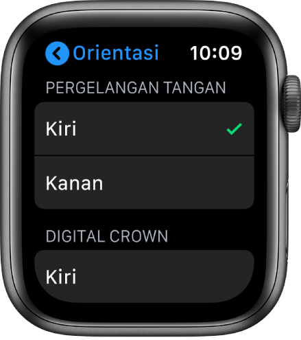 Pintasan skrin Orientasi pada Apple Watch Anda boleh setkan pergelangan tangan anda dan keutamaan Digital Crown.