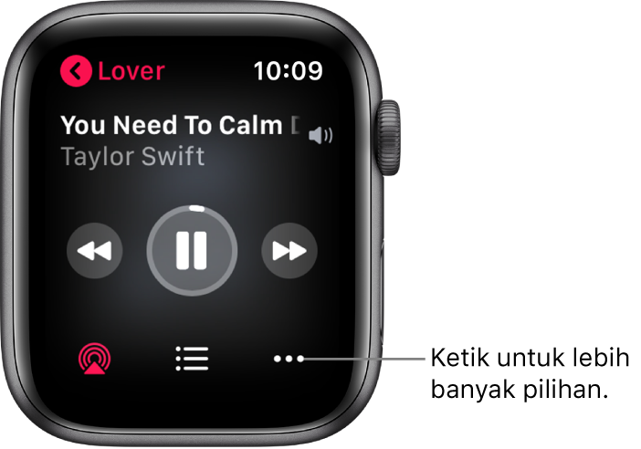 Skrin Kini Dimainkan dalam app Muzik. Nama album berada di bahagian kiri atas. Tajuk lagu dan artis muncul di bahagian atas, kawalan main di bahagian tengah dan butang AirPlay, senarai trek dan Pilihan berada di bahagian bawah.
