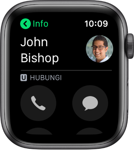 Skrin Telefon menunjukkan kenalan dan butang Panggil dan Mesej.