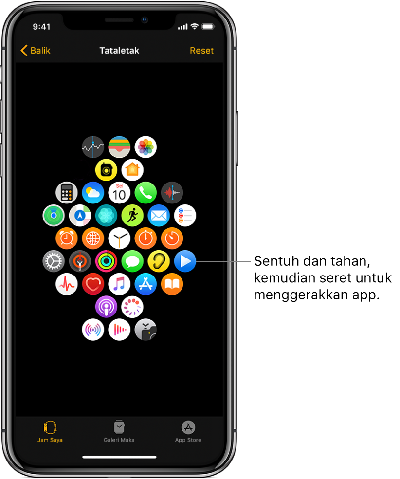 Skrin Tataletak dalam app Apple Watch menunjukkan grid ikon. Petak bual menuding pada ikon app dan membaca “Sentuh dan seret untuk menggerakkan app”.