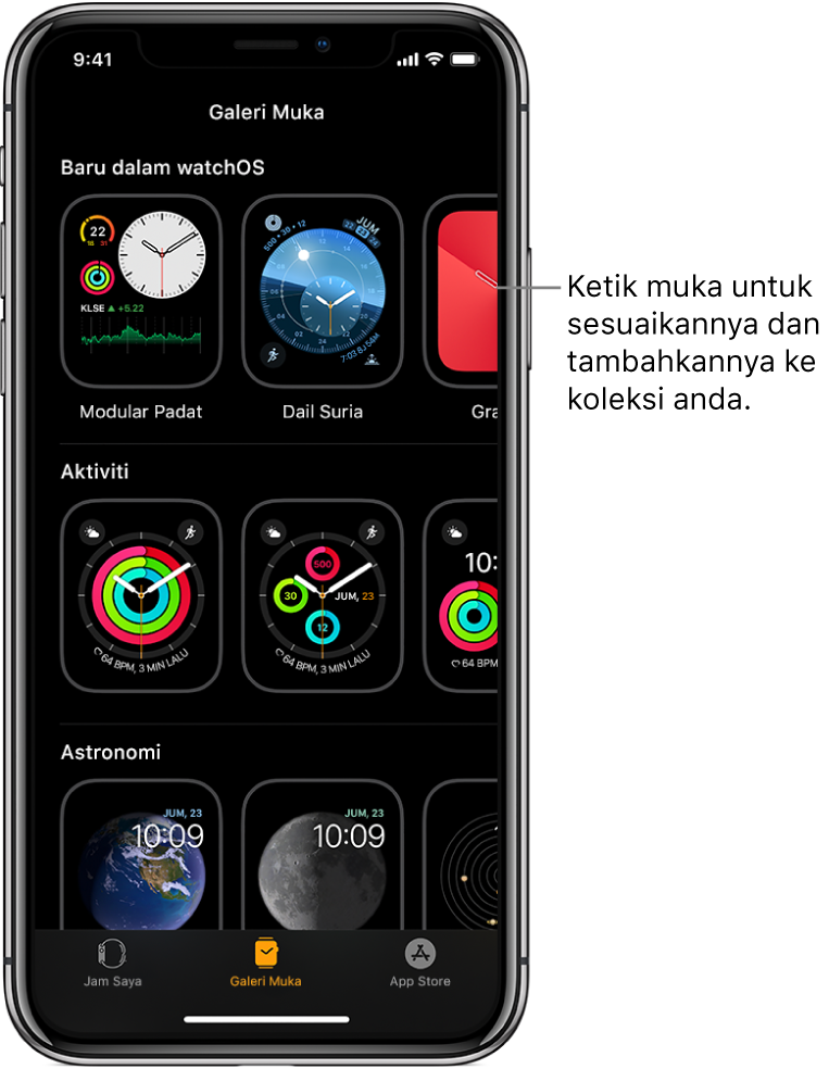 App Apple Watch membuka Galeri Muka. Baris teratas menunjukkan muka baru, baris seterusnya menunjukkan muka yang dikumpulkan mengikut jenis—contohnya Aktiviti dan Astronomi. Anda boleh skrol untuk melihat lebih banyak muka dihimpunkan mengikut jenis.