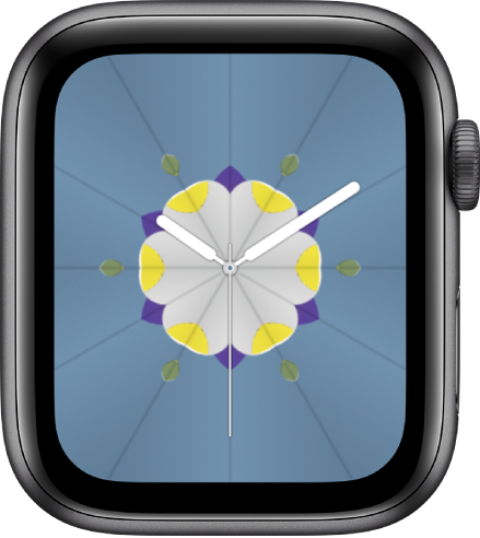 Muka jam Kaleidoskop yang anda boleh tambah komplikasi dan laras corak muka jam. Ia menunjukkan komplikasi Aktiviti di bahagian kiri atas, komplikasi Latihan di bahagian kanan atas anda komplikasi Keadaan Cuaca di bahagian bawah.