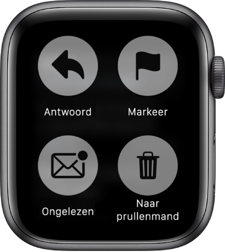 Als je op je Apple Watch op een scherm met een bericht drukt, verschijnen er vier knoppen op het scherm: 'Antwoord', 'Markeer', 'Ongelezen' en 'Naar prullenmand'.