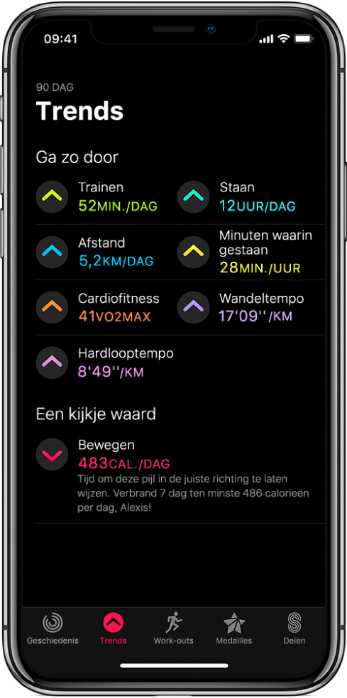 Het tabblad 'Trends' in de Activiteit-app op de iPhone. Onder 'Trends' boven in het scherm staan enkele gegevens. Je ziet onder meer 'Trainen', 'Staan' en 'Afstand'. 'Bewegen' staat onder 'Een kijkje waard'.