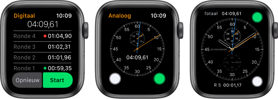 Drie wijzerplaten met drie soorten stopwatches: Een digitale stopwatch in de Stopwatch-app, een analoge stopwatch in de app en de stopwatchregelaars op de wijzerplaat Chronograaf.