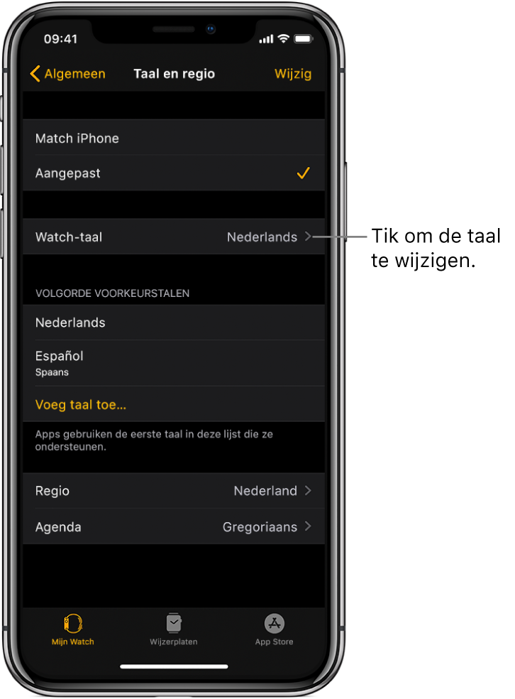 Het scherm 'Taal en regio' in de Apple Watch-app, met bovenin de instelling van de taal van de Watch.