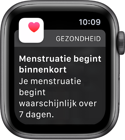 Apple Watch met een scherm met informatie over een menstruatievoorspelling en de tekst "Menstruatie begint binnenkort. Je menstruatie begint waarschijnlijk over 7 dagen." Onderin staat de knop 'Open 'Cyclus bijhouden''.