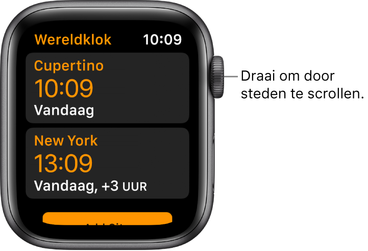 De Wereldklok-app, met een scrolbare lijst met steden.