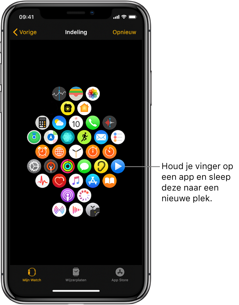 Het indelingsscherm in de Apple Watch-app toont een raster met apps. Een bijschrift wijst naar een appsymbool en luidt: "Houd je vinger op een app en sleep deze naar een nieuwe plek."