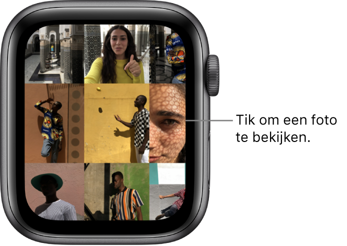 Het hoofdscherm van de Foto's-app op de Apple Watch, met verschillende foto's in een raster.