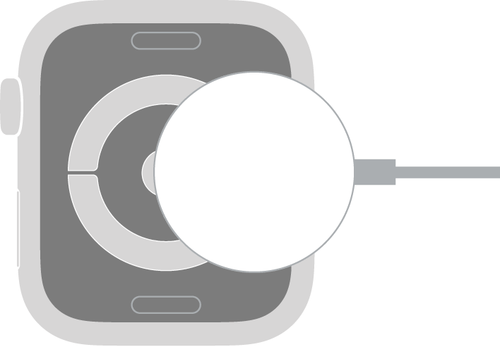 Het holle gedeelte van de connector van de magnetische Apple Watch-oplaadkabel klikt vast tegen de achterkant van de Apple Watch.