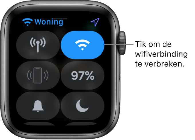 Het bedieningspaneel op de Apple Watch (GPS + Cellular), met rechtsboven de wifiknop. Het bijschrift luidt: "Tik om de wifiverbinding te verbreken."