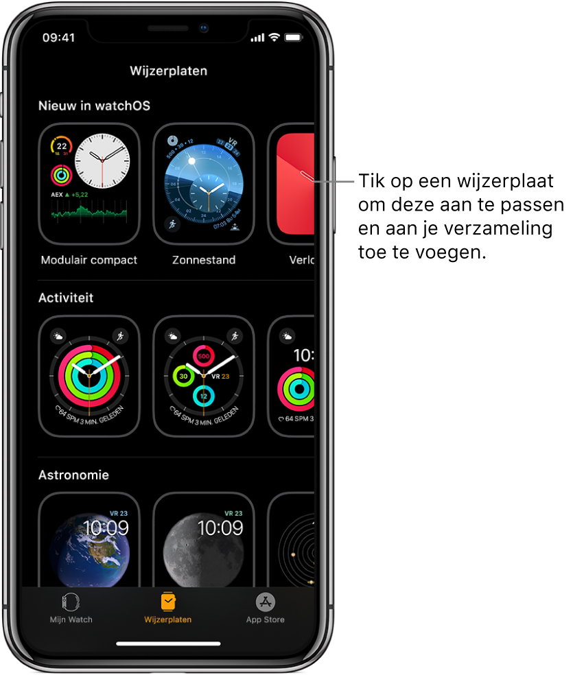 De Apple Watch-app met de wijzerplaatgalerie. In de bovenste rij staan nieuwe wijzerplaten en in de volgende rijen staan de wijzerplaten gegroepeerd op type, zoals Activiteit en Astronomie. Je kunt scrollen om meer wijzerplaten te bekijken. De wijzerplaten zijn gegroepeerd op type.
