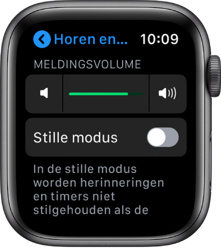 Instellingen voor horen en voelen op de Apple Watch, met bovenaan de schuifknop 'Meldingsvolume' en daaronder de knop 'Stille modus'.