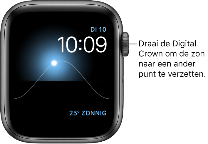 De wijzerplaat Zonnestand toont de dag, de datum en de actuele tijd. Dit kun je niet wijzigen. Rechtsonderin bevindt zich een Weer-complicatie. Draai de Digital Crown om de zon te verzetten naar dageraad, hoogste punt, zonsondergang, schemerdonker en laagste punt.