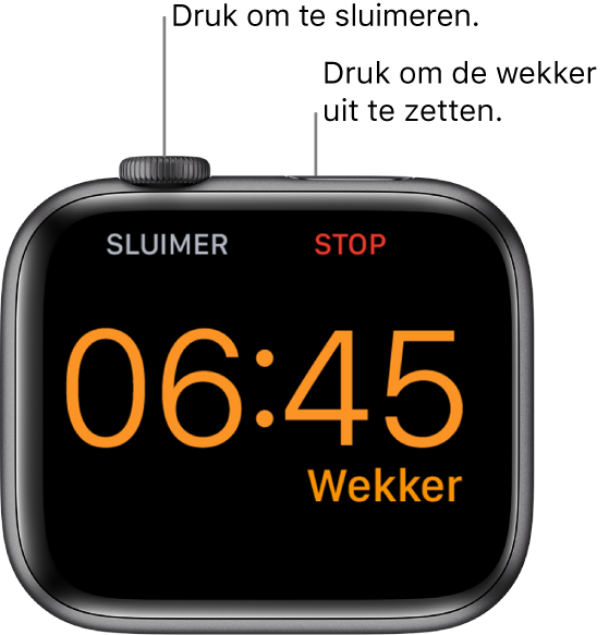 Een Apple Watch die op zijn kant ligt, met op het scherm een wekker die afgaat. Onder de Digital Crown staat het woord "Sluimer". Onder de zijknop staat het woord "Stop".