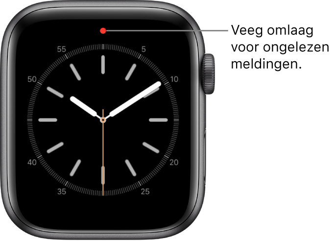 Boven in de wijzerplaat verschijnt in het midden een rode stip als je een ongelezen melding hebt.