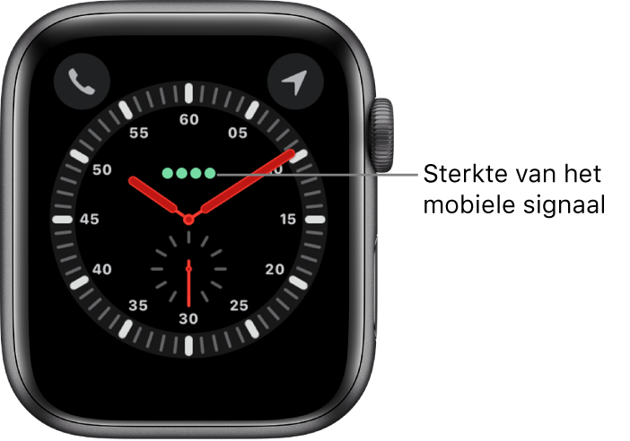 De wijzerplaat Verkenner is een analoge klok. Vlak boven het midden van de wijzerplaat bevinden zich de vier groene stippen die de sterkte van het mobiele signaal aangeven.