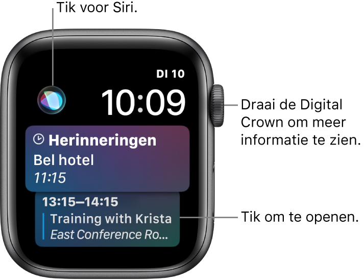 De wijzerplaat Siri met een herinnering en een agenda-activiteit. Linksboven op het scherm bevindt zich een Siri-knop. Rechtsbovenin bevinden zich de datum en de tijd.