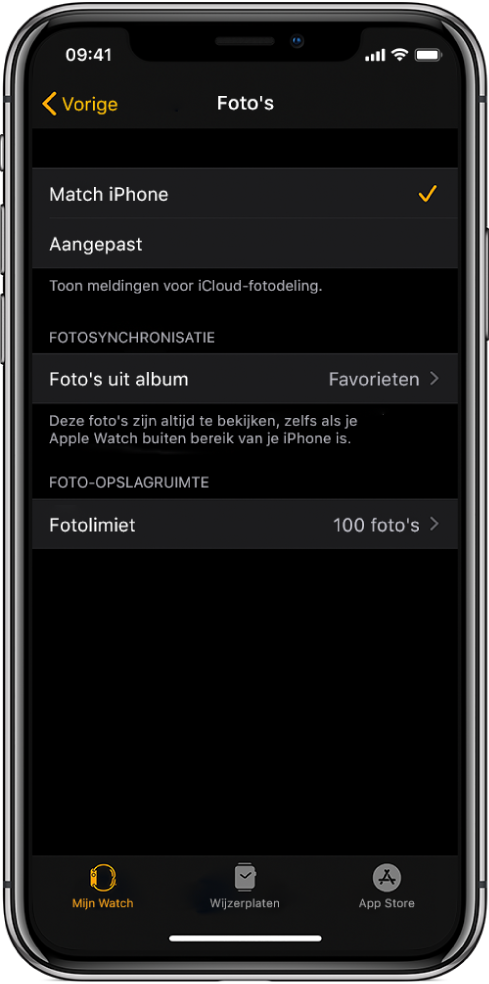 Instellingen voor Foto's in de Apple Watch-app op de iPhone, met in het midden de instelling 'Gesynchroniseerd album' en daaronder de instelling 'Fotolimiet'.
