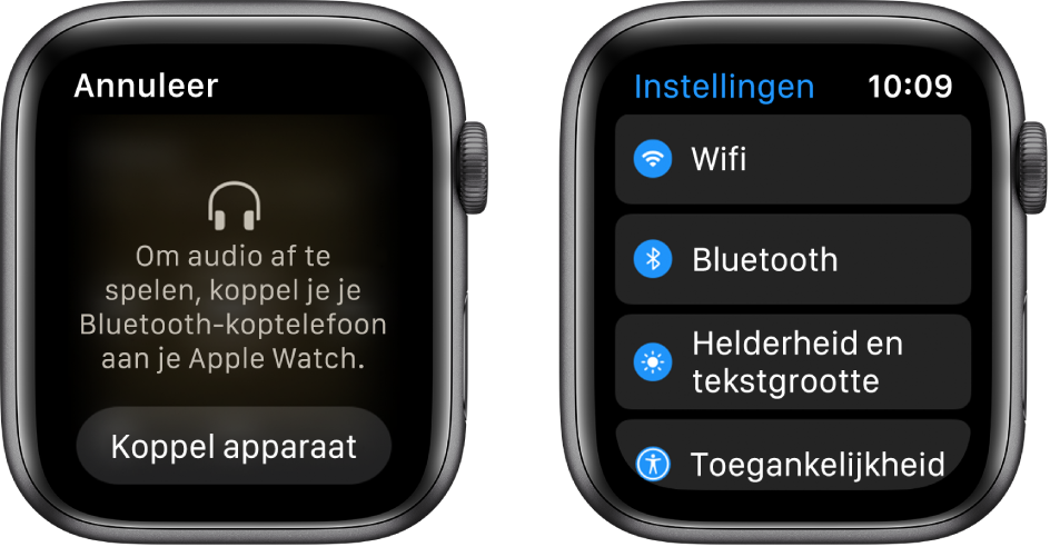 Als je de audiobron instelt op Apple Watch voordat je Bluetooth-luidsprekers of een Bluetooth-headset koppelt, verschijnt er onder in het scherm een knop 'Koppel apparaat'. Met deze knop ga je rechtstreeks naar de Bluetooth-instellingen op je Apple Watch, zodat je een luisterapparaat kunt toevoegen.