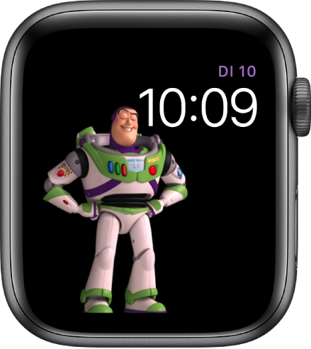 De wijzerplaat Toy Story met rechtsboven de dag, datum en tijd en links in het midden een animatieafbeelding van Buzz Lightyear.